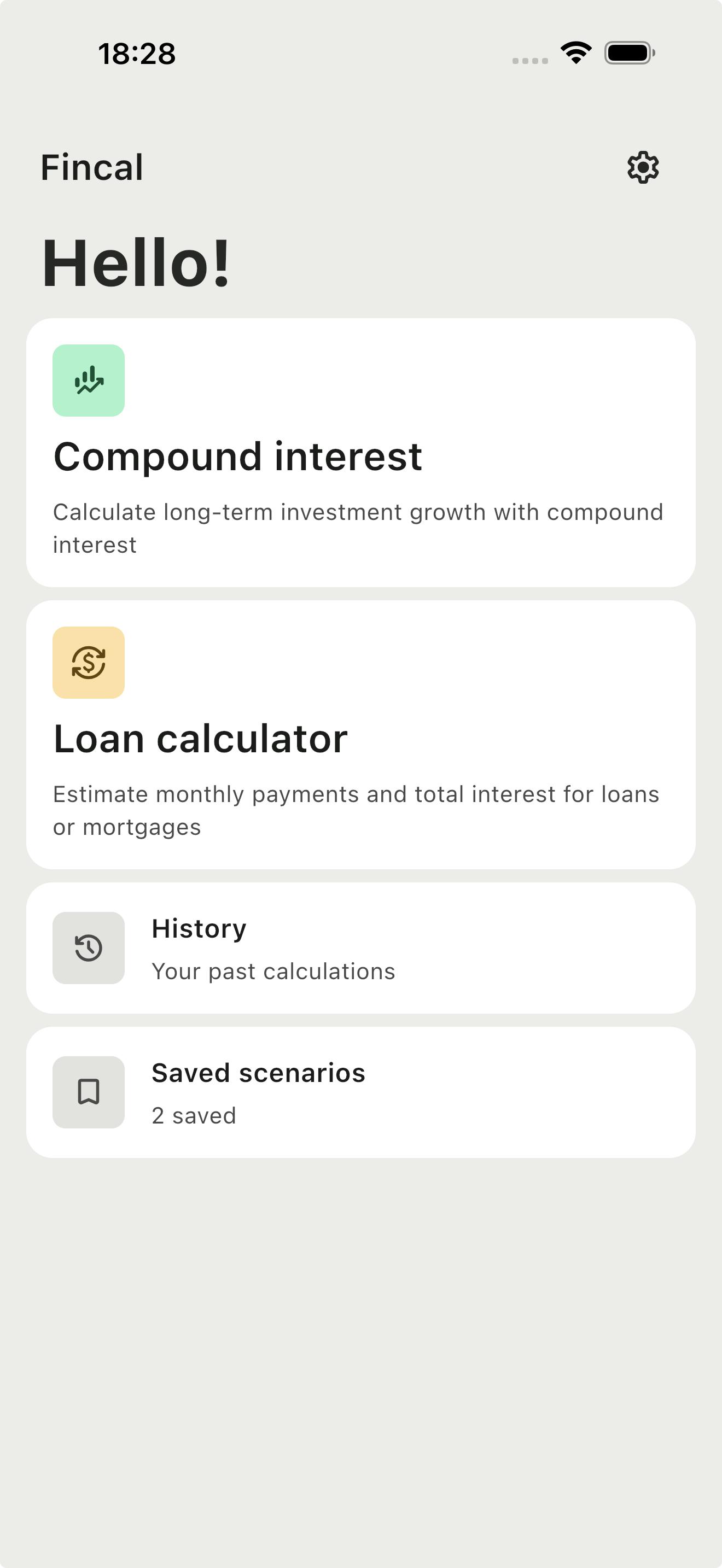 Fincal home screen with the loan and compound calculators