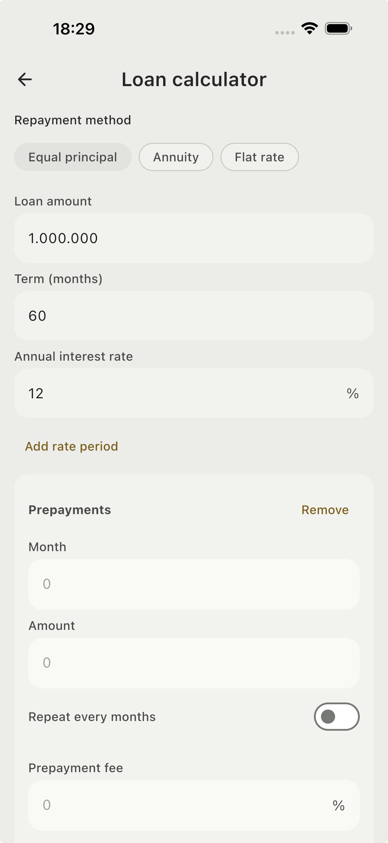 Loan input with the three repayment methods