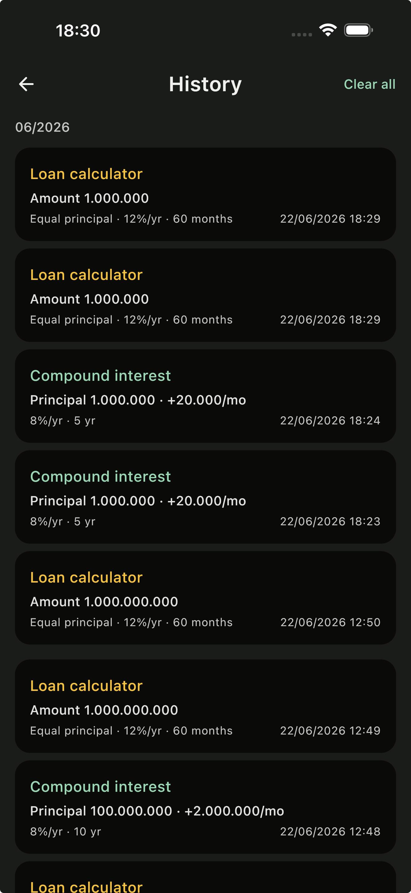 History list with several saved calculations