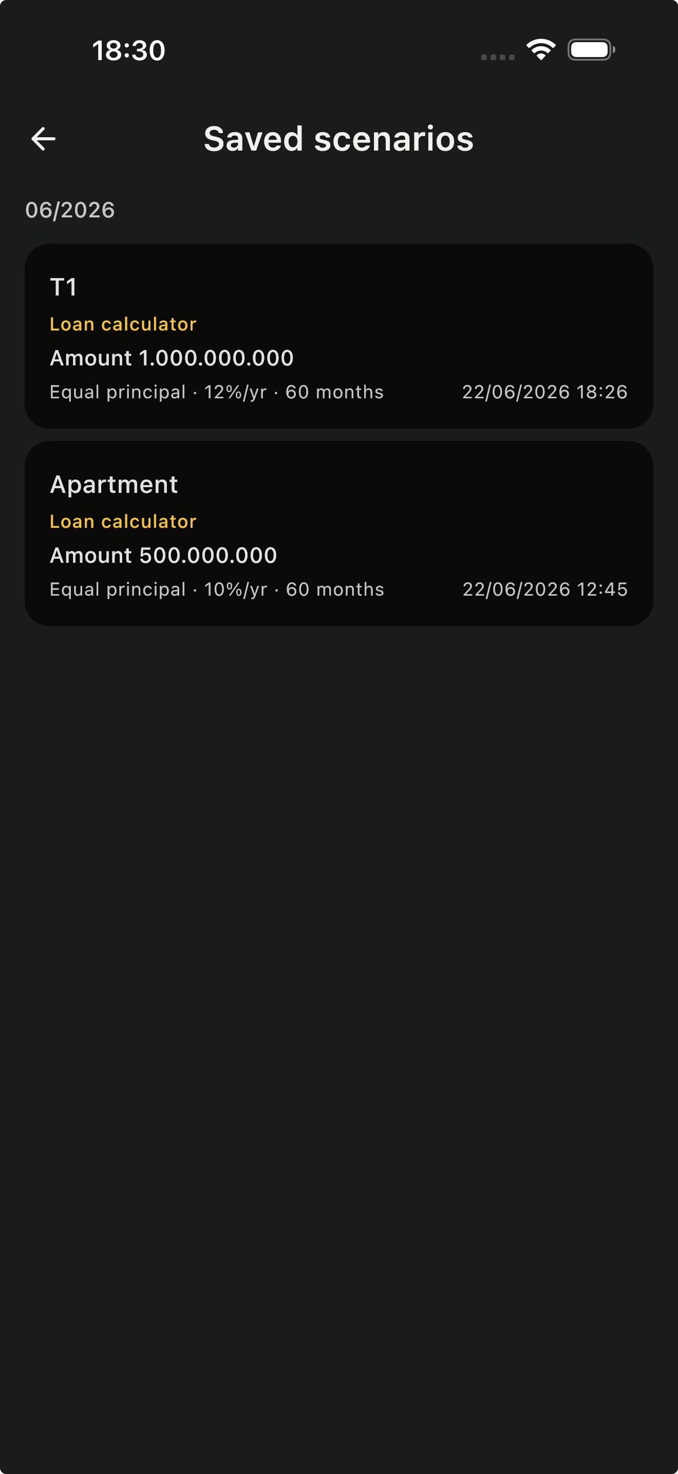 Saved scenarios list with named scenarios